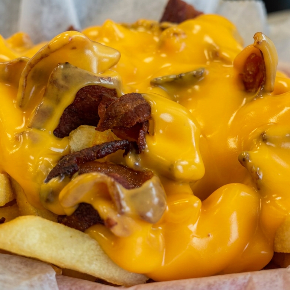 Crispy fries topped with melted cheddar cheese, bacon pieces, and jalapeño slices in a paper-lined basket.
