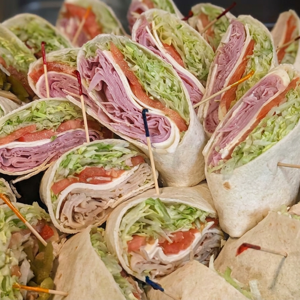 Platter of sliced tortilla wraps filled with deli meats, lettuce, tomatoes, pickles, and cheese, secured with colorful toothpicks.