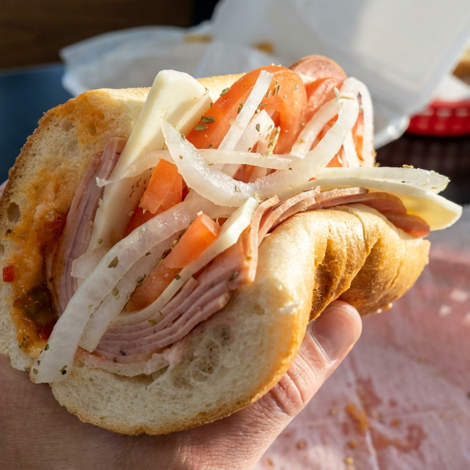 Hand holding a deli sandwich on a crusty roll with ham, cheese, tomato, onion, and relish over a red basket.