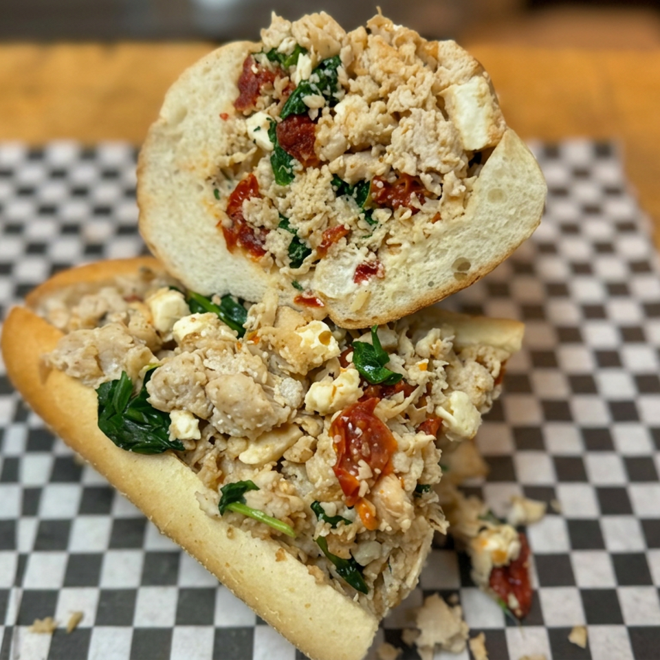 Open-faced sandwich piled with chicken, spinach, sun-dried tomatoes, feta, and crumbly topping on checkered paper.
