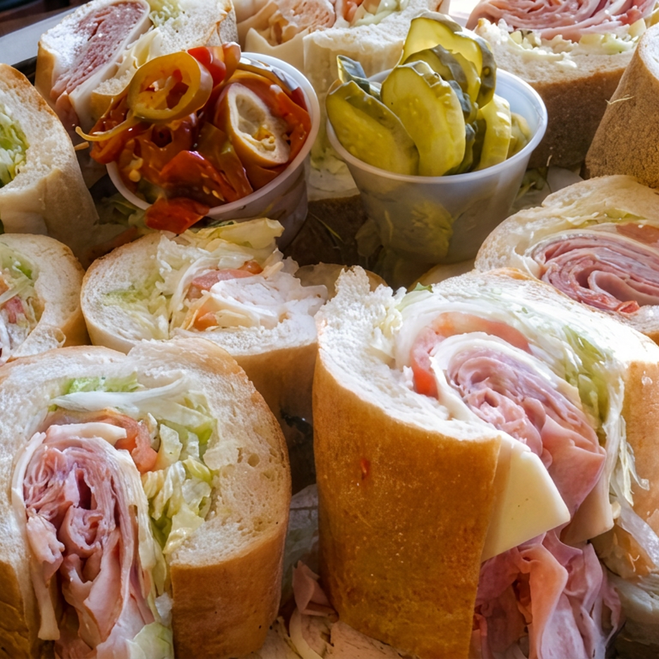 Platter of sliced deli meat and lettuce sandwiches with bowls of pickled peppers and cucumbers.