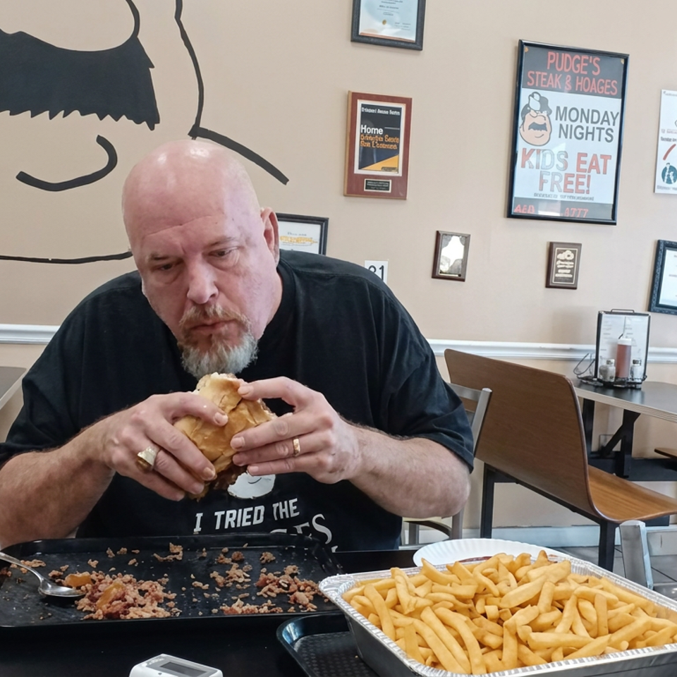 A man eats a burger at a restaurant table beside a large tray of french fries.