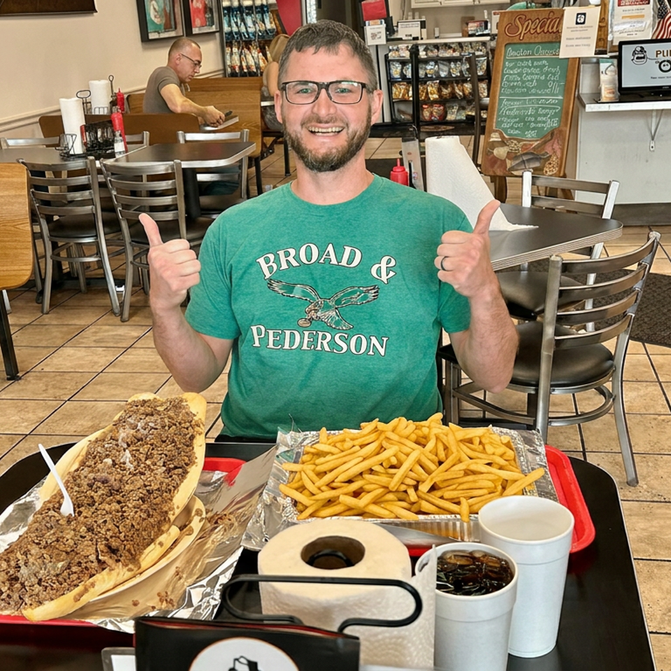 Man giving thumbs up behind trays of chili-covered hot dogs and French fries inside a casual restaurant.