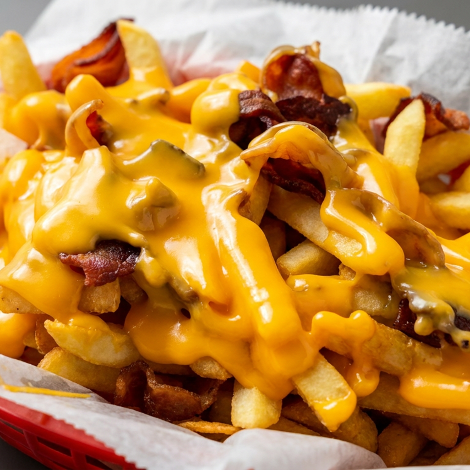 Crispy fries piled in a red basket, topped with melted cheese, bacon, and jalapeño slices.